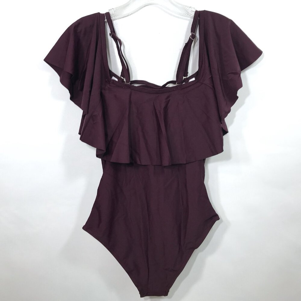 One Piece Swimsuit Off Shoulder Ruffle Swimsuit Plum Purple S, M